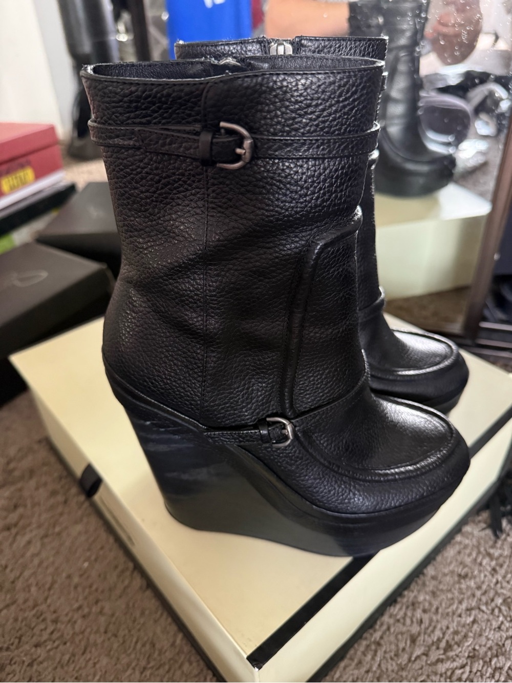Black Wedge Ankle Boots with Buckle Detail